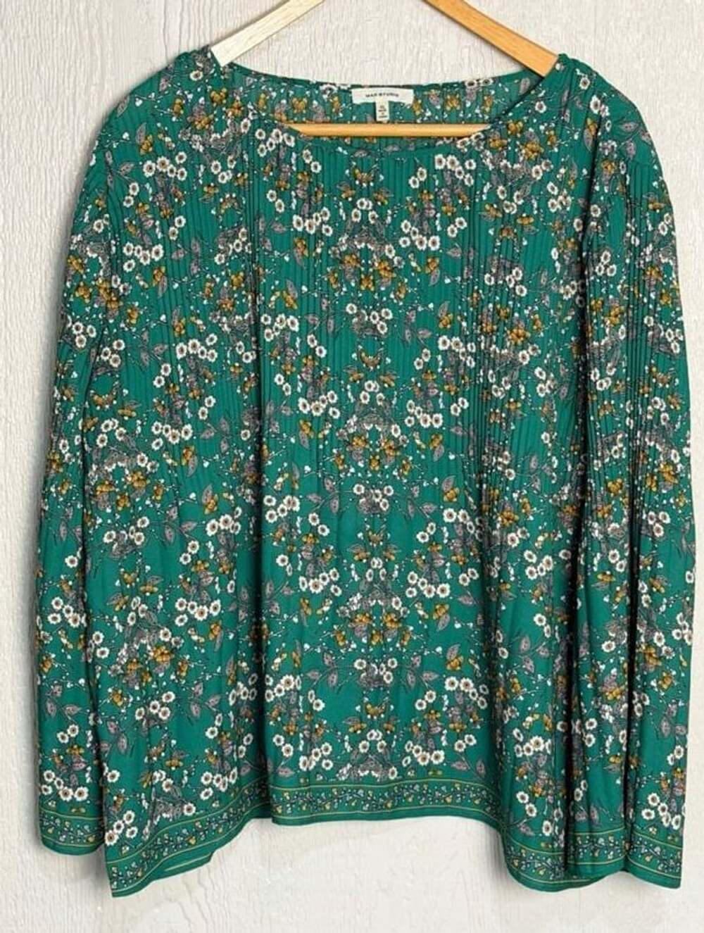 Max Studio Green Floral Print Pleated Long Sleeve Blouse Top M